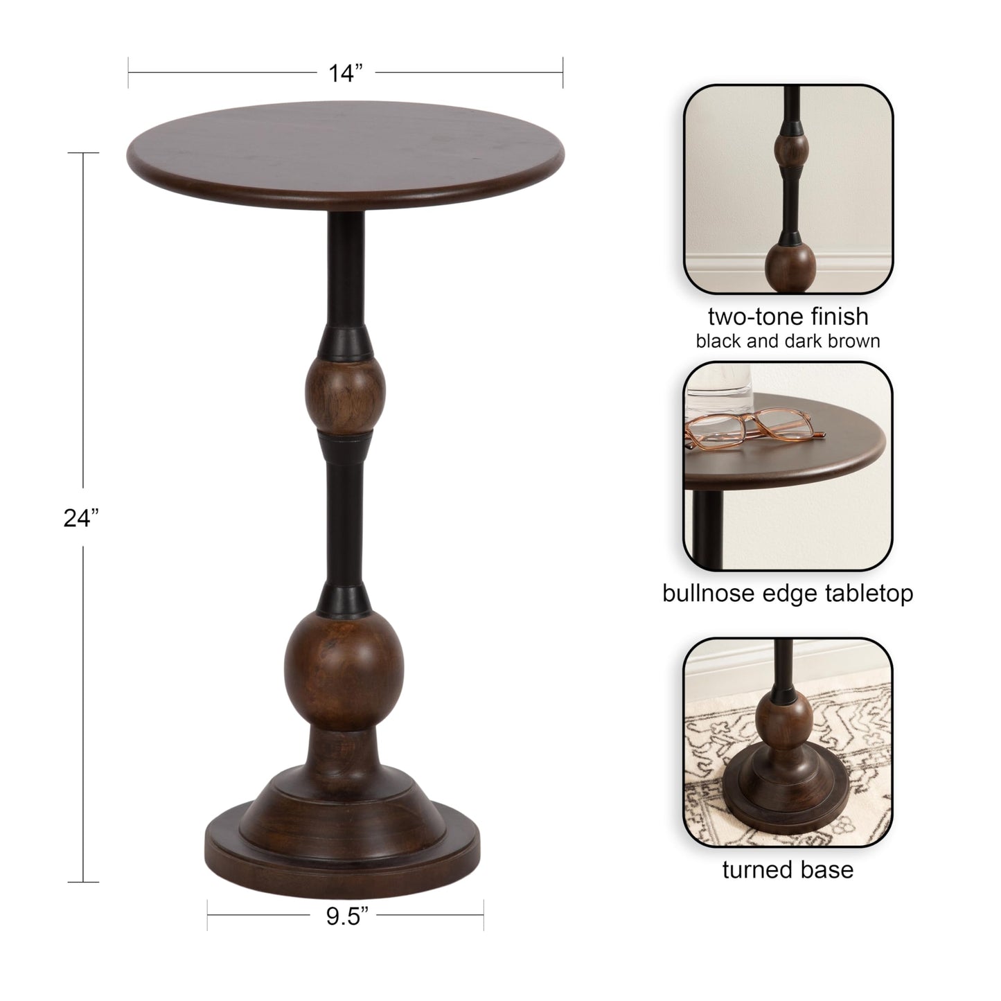 Kate and Laurel Rawlings Traditional Wood and Metal Round Side Table, 14 x 24, Dark Brown and Black, Vintage Pedestal Table for Use as Living Room End Table, Plant Stand, or Bedroom Nightstand