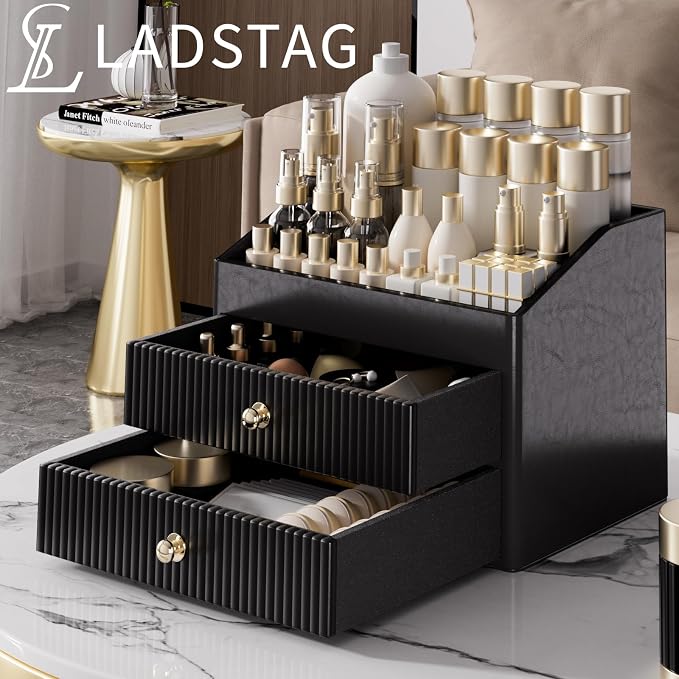 LADSTAG Make up Organizers for Vanity,Leather Makeup organizer for Vanity,Large Capacity Black Vanity Storage for Nail Polish,Bedroom,Bathroom,Gifts for Mom,Unique Gifts for Women