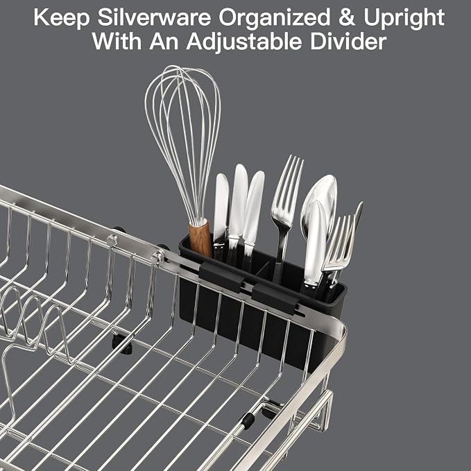MAJALiS Dish Drying Rack Over The Sink, Expandable Stainless Steel Dish Drainer for Small Kitchen Counter Space Saving, RV Compact Plate Strainer In Silver Metal with Hanging Adjustable Utensil Holder