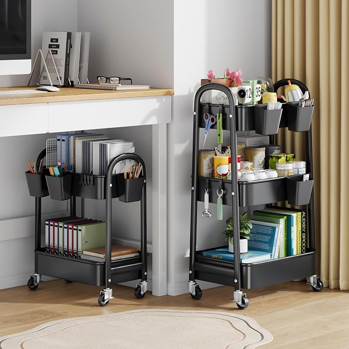 2 Tier Rolling Cart Metal on Wheels, Two Tiered Short Storage Side Table with Wheels, Heavy Duty Under Desk Mobile Trolley, Small Utility Organizer Carts for Craft, Art, Office, Kitchen, Black Basket