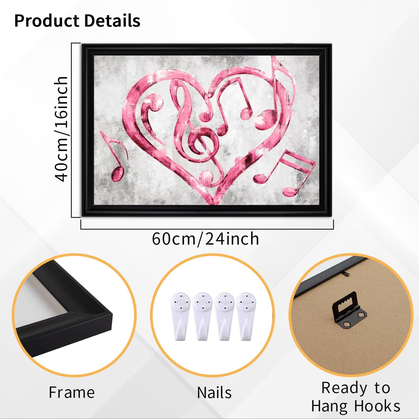 Kalormore Black Frame Canvas Art Heart Music Wall Decor (Pink, 16"X24", Framed)