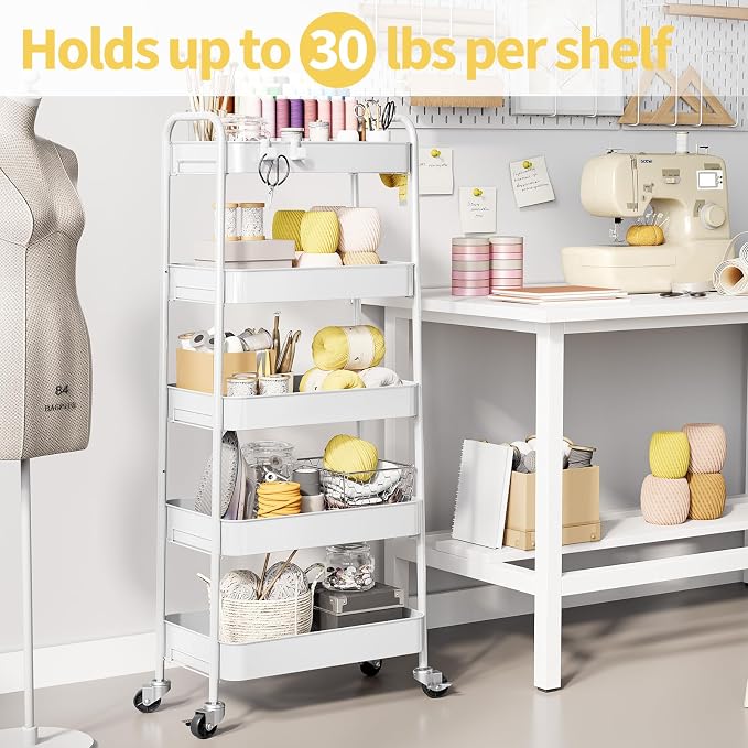 TOOLF 5-Tier Metal Rolling Cart with Wheels, Storage Utility Organizer Cart for Kitchen, Bathroom, Office, Baby Essentials & Makeup - Lockable Casters, Easy Assembly, Large Capacity, White