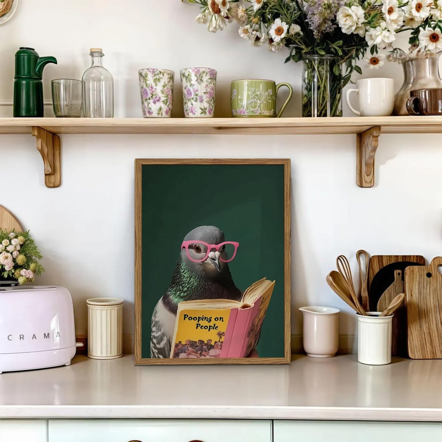 Framed Funny Pigeon Wall Art, Humorous Bird Reading Wall Decor Paintings, Pooping on People Book Pictures Canvas Print Eclectic Home Decor for Bathroom Living Room Office Dorm 12x16 inch