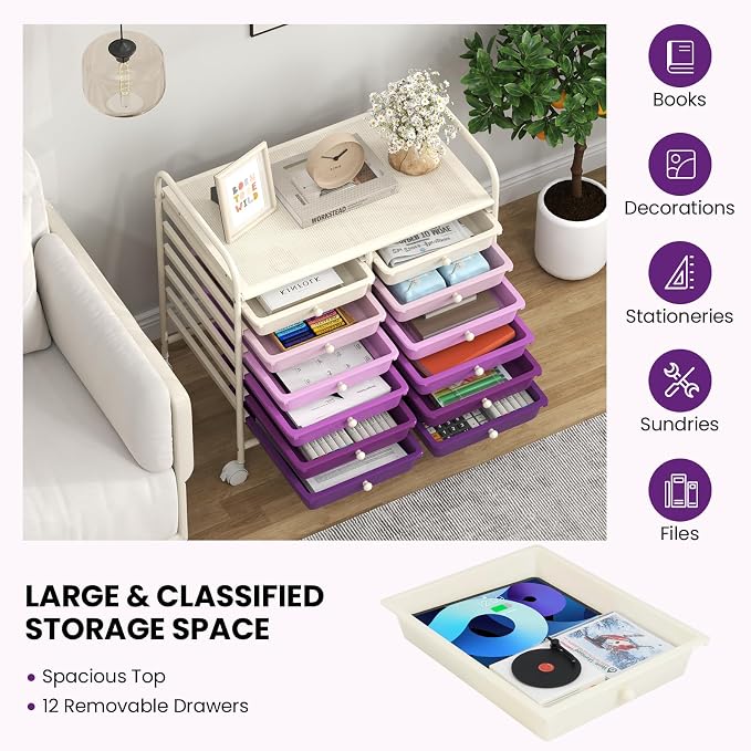 Giantex 12 Drawers Rolling Cart, Mobile Storage Drawer Cart, Classroom Organizer Cart for Office School Supplies Tools Scrapbook Paper Craft Small Printer, Utility Cart on Wheels, Purple Gradient