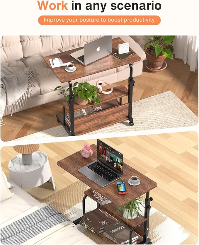 QZMDSM Portable Rolling Desk on Wheels Adjustable Height Desks for Small Spaces, 32" Computer Desk Drafting Tables with Storage Shelves for Home Office Rustic