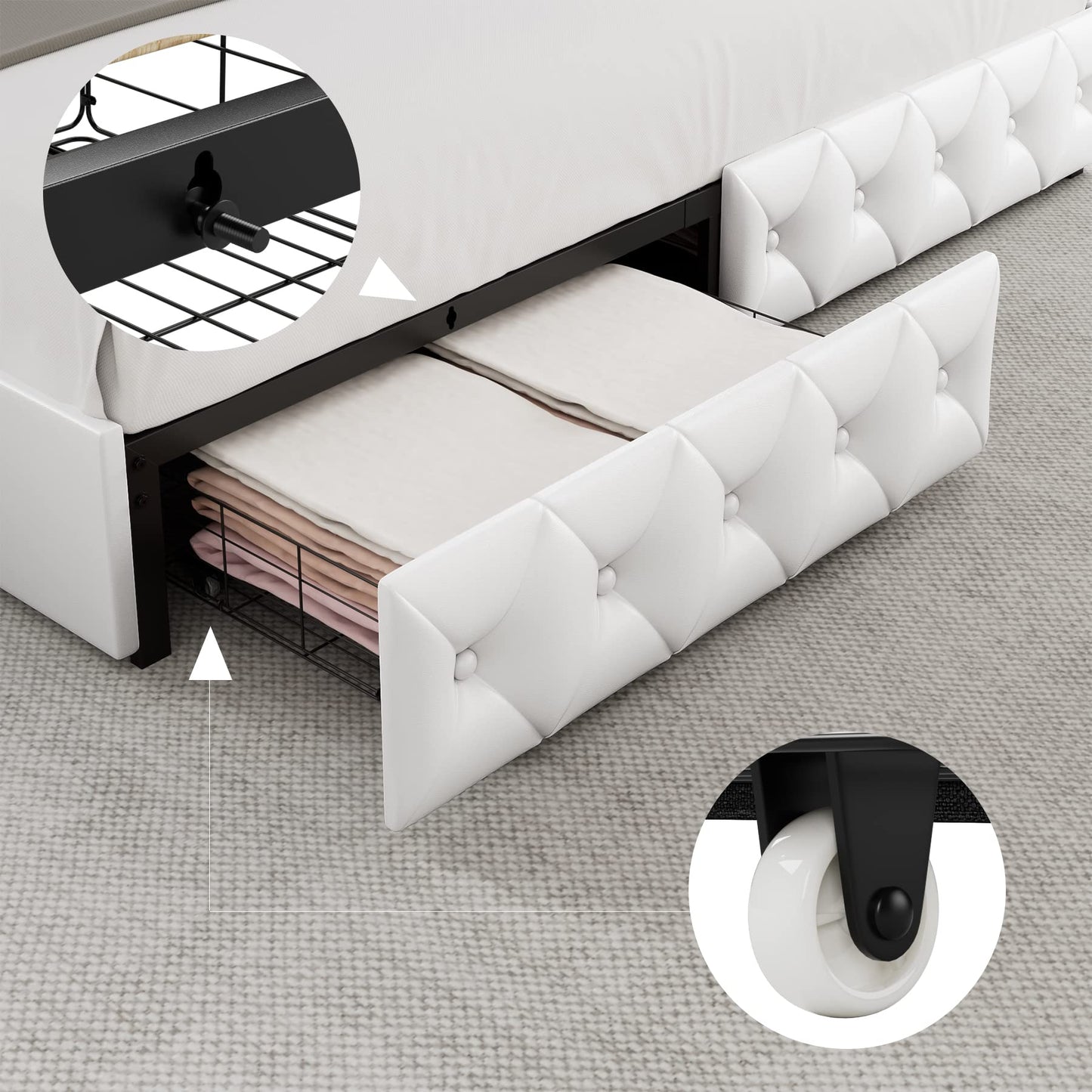 Keyluv Queen Upholstered LED Bed Frame with 4 Drawers, PU Leather Platform Storage Bed with Adjustable Button Tufted Headboard and Solid Wooden Slats Support, No Box Spring Needed, White