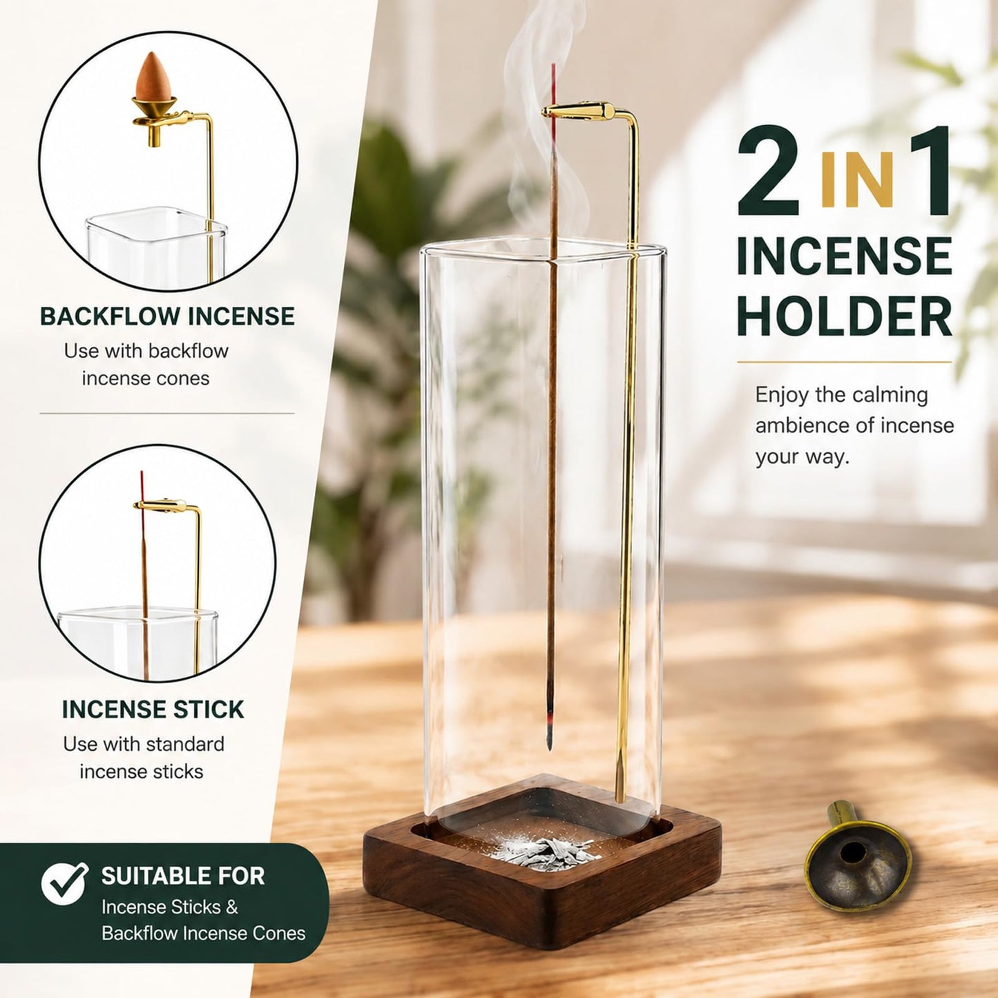 HZCPENG Glass Incense Holder, Hanging Incense Stick Burner with Ash Catcher, 2 in 1 Backflow Cone Holder on Wooden Base, Anti-Ash Zen Decor for Meditation, Yoga（Square）