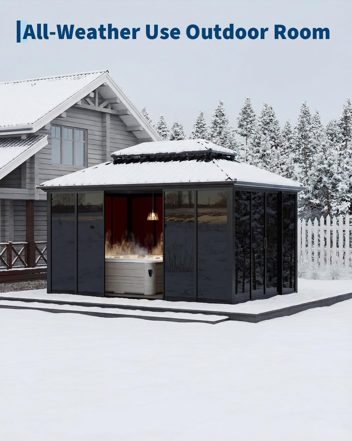 10x14ft Heavy Duty Outdoor Pavilion with Metal Frame, Permanent Solarium Sunroom Kit with PC Windows, Fully Sealed Screen Houses for Backyard, for Patio Winter Garden