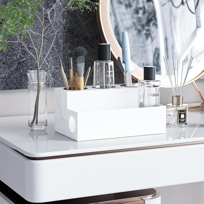 Hair Tool Organizer, White Acrylic Hair Dryer Holder with Insulated Cup, Bathroom Supplies Countertop Blow Dryer Holder, Vanity Caddy Storage Stand for Accessories, Makeup, Toiletries