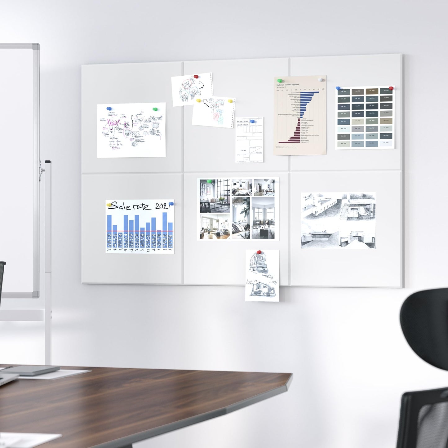 Neatsure Large Cork Board for Wall, 36" x 24" White Bulletin Board with Pushpins, 6 Panels Felt Tiles Tack Push Pin Board for Office