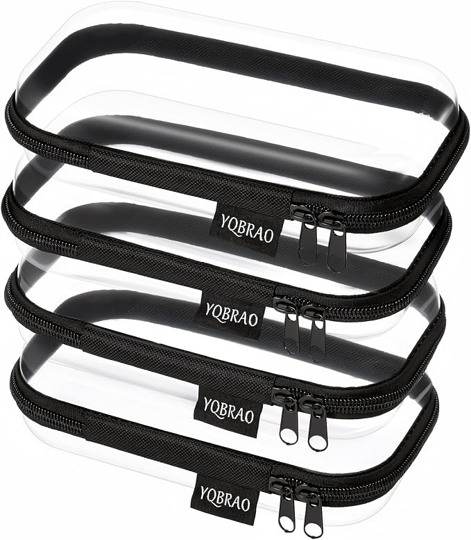 YQBRAO 4-Pack Clear Hard Shell Zipper Case, 1.2mm Ultra-Thick Diaper Bag Organizer Pouches, Rigid Self-Standing Travel Makeup Bags with YKK Zippers, TSA Approved, Black