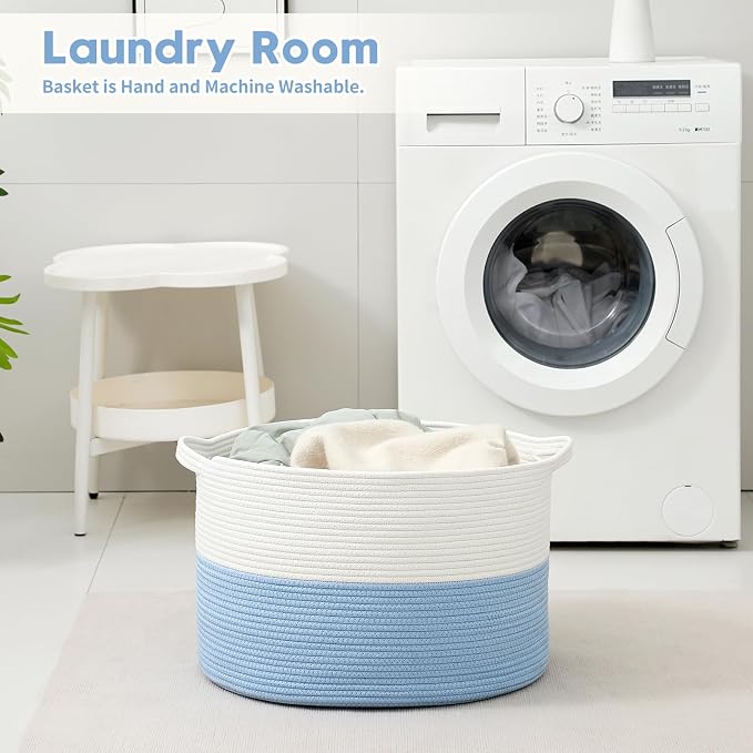 Foldable Laundry Hamper Basket with Collapsible Handle Cotton Rope Soft Woven Fabric Storage Organizer Clothes Toys Nursery Bedroom Dorm Space Saving Bin (White & Blue, 115L(23.6"D x 15.7"H))