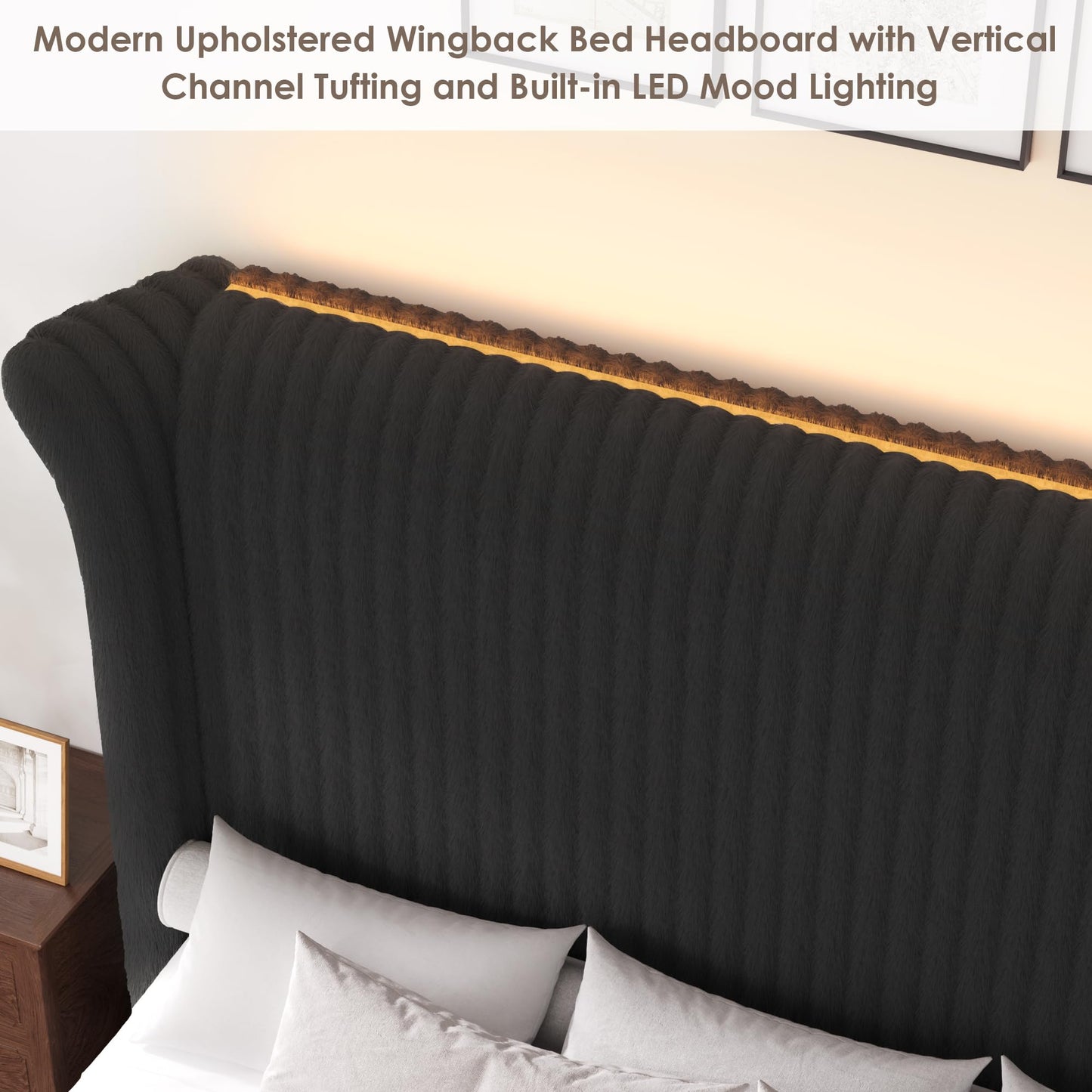Keyluv Queen Bed Frame with 54” Tall Faux-Fur Wingback Headboard, Upholstered Platform Bed with LED Light, Mattress Foundation with Solid Wooden Slats Support, No Box Spring Needed, Noise-Free, Black