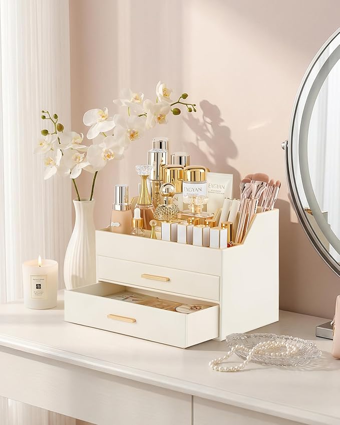 Lolalet Makeup Organizer for Vanity Desk, 3-Layer PU Leather Luxury Make Up Storage Cosmetics Holder Box with Drawers -Beige