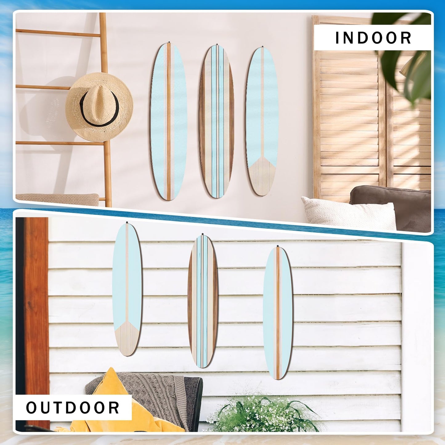 Gerrii 3 Pieces Surfboard Wall Decor 23.6" x 5.4" Preppy Beach Room Decor Aesthetic Large Wooden Cute Beachy Tropical Wall Art for Surfer Bedroom Bathroom Decorations(Blue,Stripe)