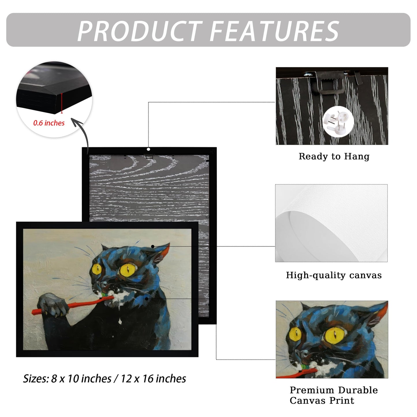 ICHZUMW Funny Black Cat Bathroom Wall Art Decor, Quirky Framed Canvas Print Painting of Cat Brushing Teeth, Humorous Animal Pictures Wall Decoration, Modern Home Artwork, Restroom Powder Room, 8x10in
