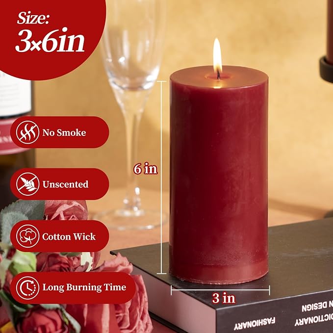 KONNI Dark Red Pillar Candles Set of 3, 3"x 6" Unscented Pillar Candles Bulk, 56 Hours Long Burning Candles, Smokeless&Dripless Large Round Candle for Wedding, Home Decoration, Parties, Spas, Dinner