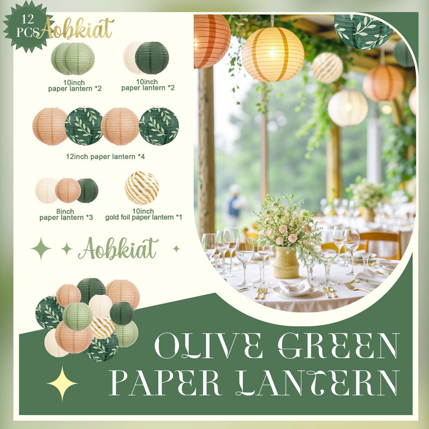 AOBKIAT Party Decorations Paper Lanterns Set,12PCS Sage Green Brown Chinese Japanese Hanging Paper Lantern for Green Boho Wedding,Birthday,Baby Shower,Bridal Showers,Neutral Party Decor