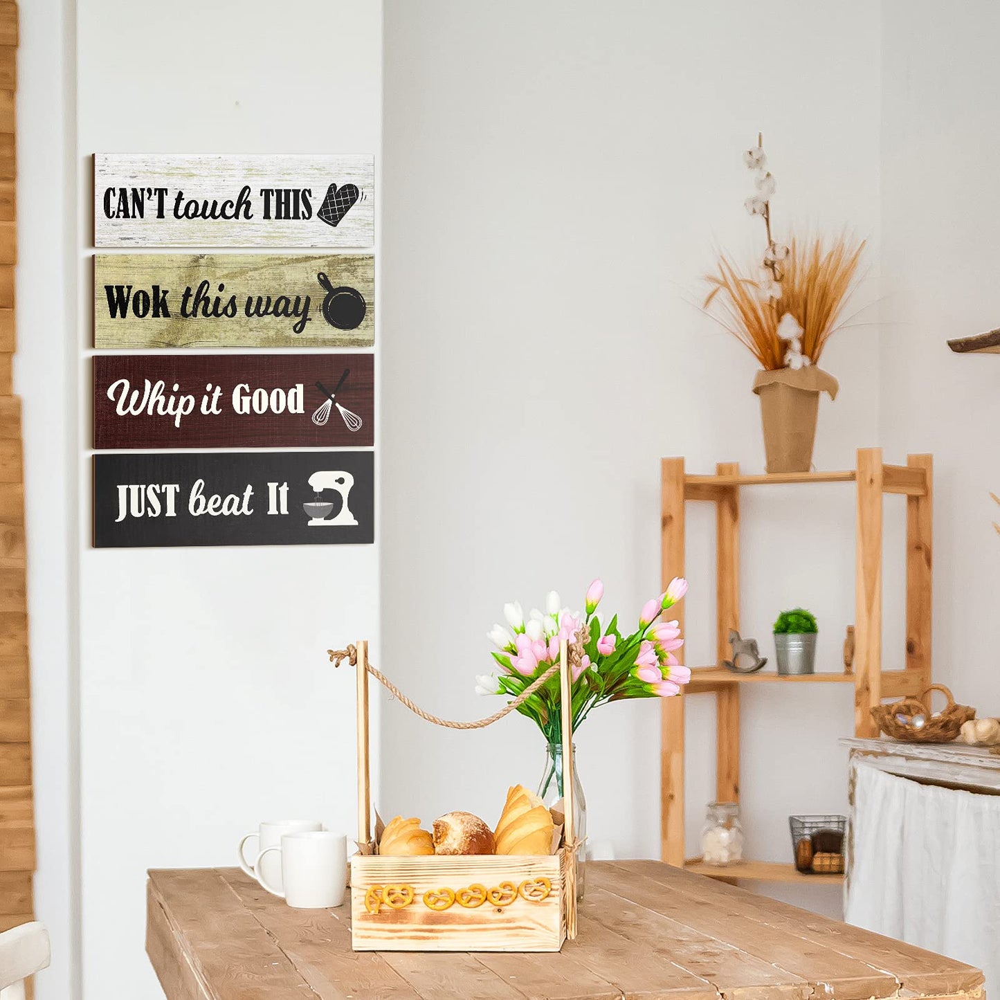 Jetec 4 Pieces Rustic Kitchen Wood Sign Decorations Kitchen Wall Signs Decor Above Cabinet Baking Prints Signs Family Farmhouse Hanging Wooden decoration for Home, 11.8 x 3.9 Inch(Classic Style)