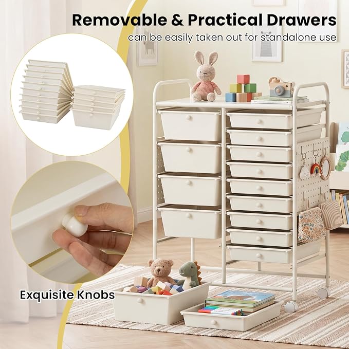 GOFLAME 15-Drawer Rolling Storage Cart with Pegboard, Craft Storage Cart with Lockable Wheels and Metal Frame, Art Cart Supply Storage Organizer for Home Office Classroom, White