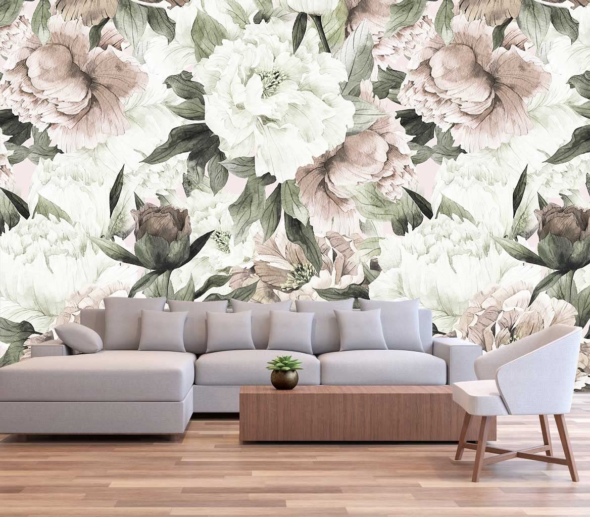 Reyhui Roses and Banana Leaves Wall Mural Wallpaper for Bedroom and Living Room(Not Self-Adhesive)