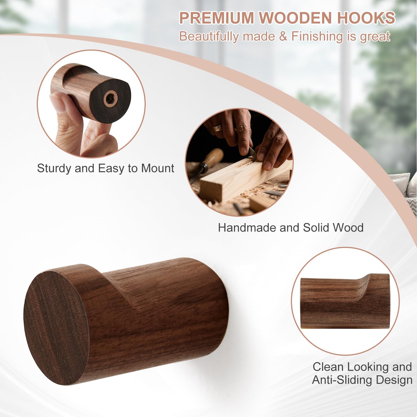 WOVRAN Wood Wall Hooks for Hanging, 6 Pack Rustic Coat Hooks Wall Mount, Handmade Wooden Pegs Hat Hook, Entryway Walls Hanger for Coat Purse, Boho Bathroom Towel Rack (Walnut Wood)