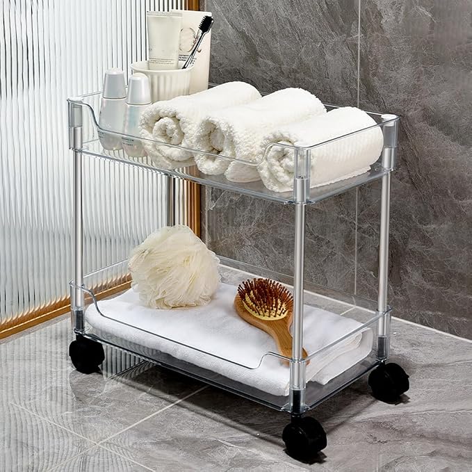 Betoveren 2 Tier Utility Rolling Cart Storage Organizer with Wheels Under Desk Mobile Bathroom Cart Organizer for Office Bathroom Home Kitchen Organization Transparent (Width 8.85 Inches)