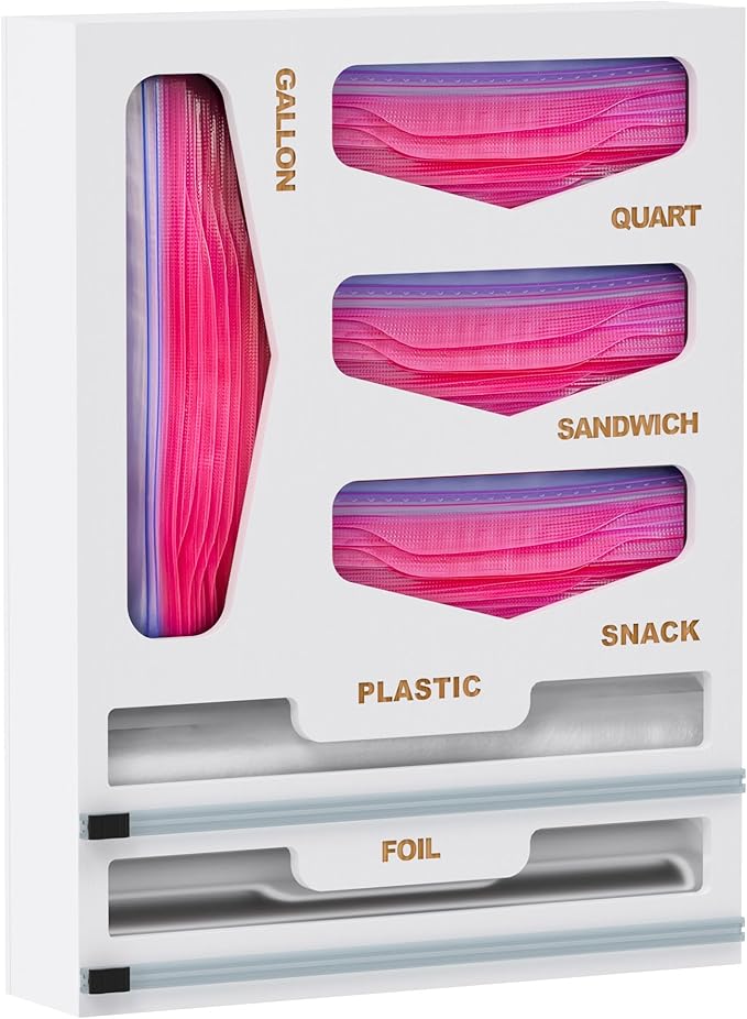 DALSHABET Bamboo Bag Organizer with Magnetic Closure, 6 In 1 Kitchen Drawer Foil and Plastic Wrap Dispenser with Cutter, Storage bag for Gallon, Quart, Sandwich, Snack White