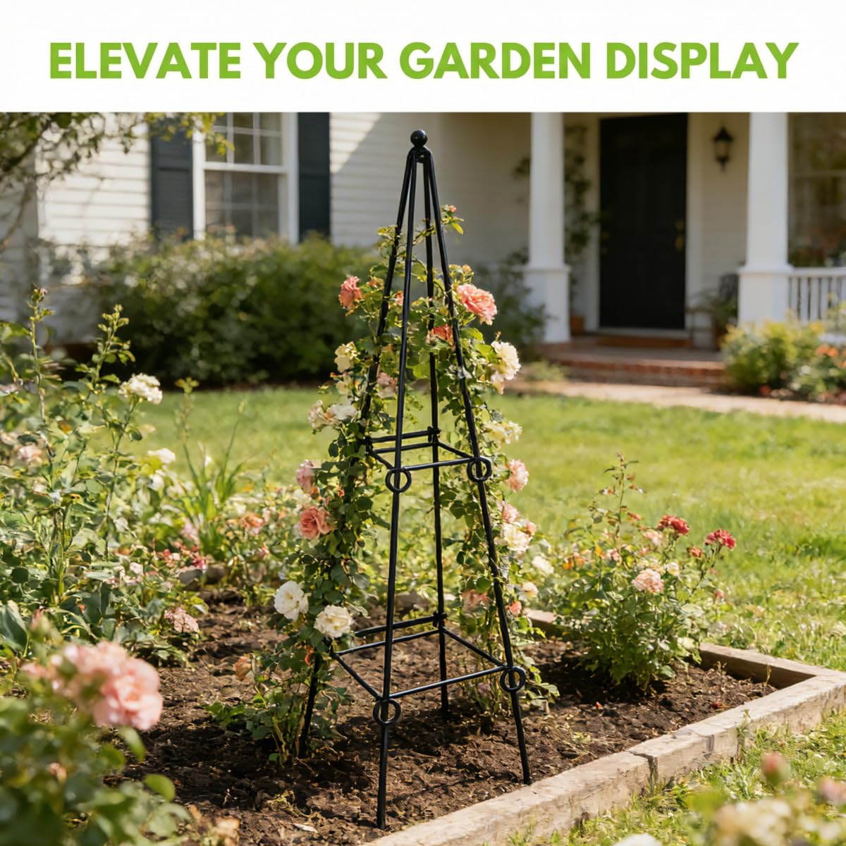 SCENDOR 2 Pack Black Metal Folding Square Plant Stand – 35.5" Tall 2-Tier Decorative Plant Holder Flower Pot Stand for Patio Garden Climbing Vines, Roses, Clematis, and Potted Plants