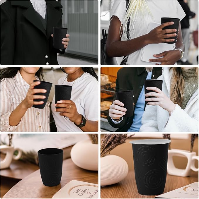 Wrova Wheat Straw Cups 16oz Set of 8 with Silicone Covers - Alternative Plastic Cups Reusable- Microwave & Dishwasher Safe - Unbreakable Plastic Drinking Cups for Camping - Black