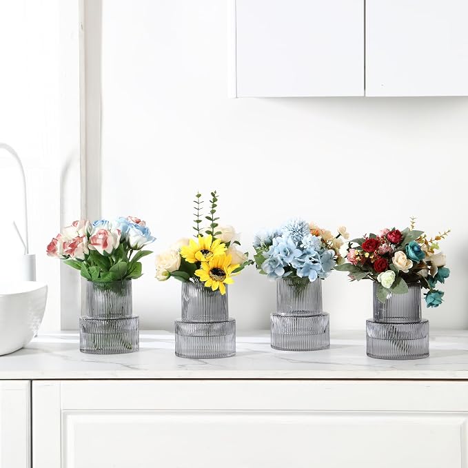 Ribbed Glass Vases, Set of 4 Small Vases for Flowers, Black Glass Vase for Tulips, Modern Vase for Living Room, Kitchen, Office, Entryway, Bookshelf, Wedding Gifts, Birthday, 6 Inches