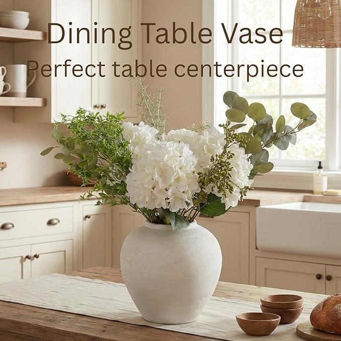 Large White Vase for Centerpieces - 11" Wide Textured Stone Look Metal Flower Vase for Table Decor - Rustic Farmhouse Vases for Living Room Dining Room Home Decor
