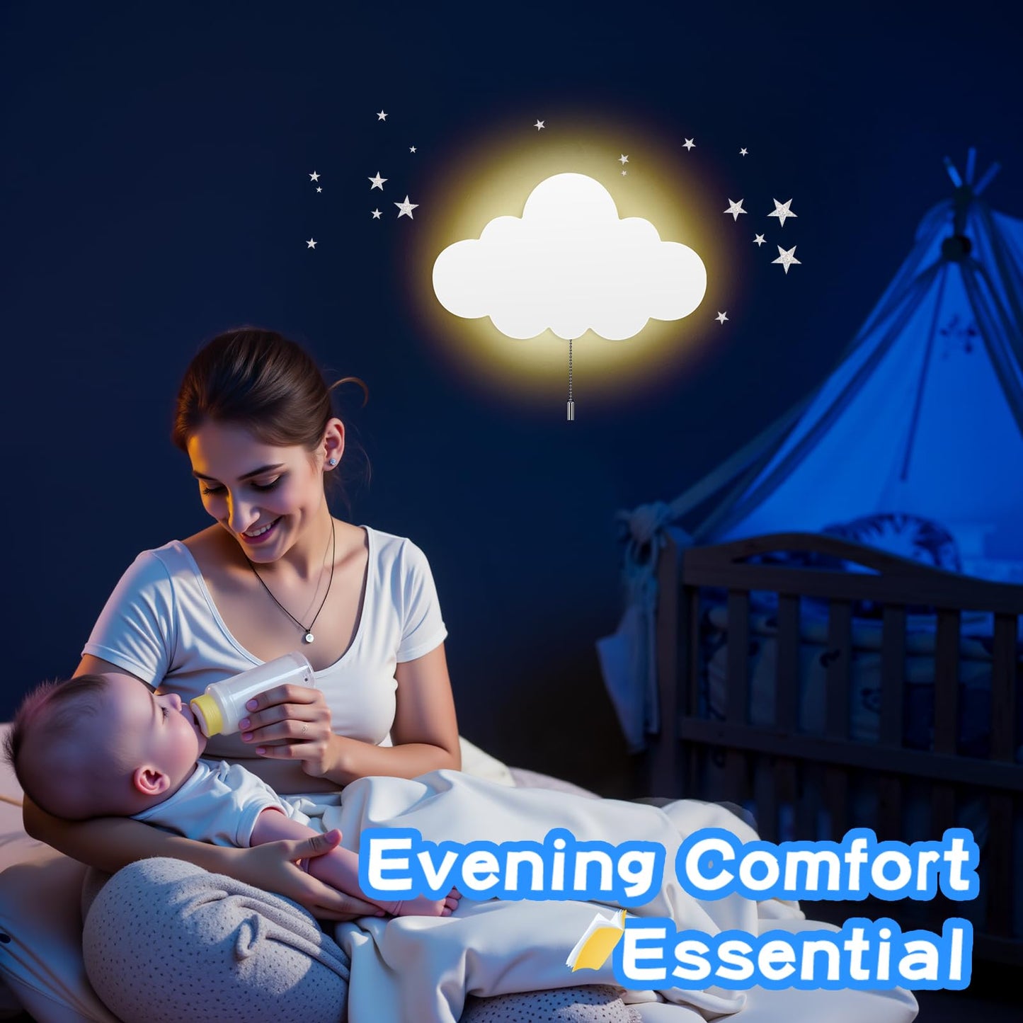 KNYELYNS 2 Pack Cloud Light - Battery-Powered Wall Lamp for Nursery, Kids Bedroom & Baby Room, 3000K Warm Night Light with Pull-String Switch, Cordless 3.7V, Lightweight 13x8in (No Charging Needed)