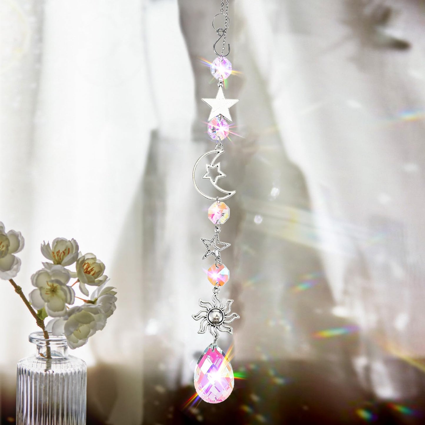 AOZUO Moon and Star Rear View Mirror Charm, Crystal Boho Car Hanging Decor Cute Suncatcher Healing Car Ornaments for Women Men