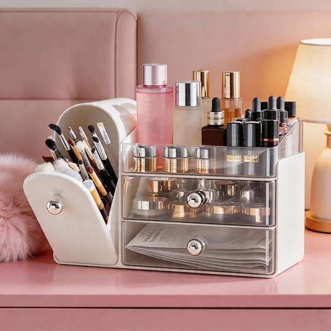 Makeup Organizer with Makeup Brush Holder, Cosmetic Organizer with 2 Drawer for Lipsticks, Perfumes, Eyeshadow Palettes and Nail Polishes (White)