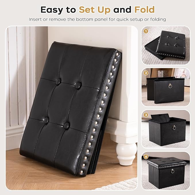 oakvivo Small Storage Ottoman Foot Rest Stool, 16x12x12 in Foldable Leather Footstool Storage Bench with Rivet Design, Thicker Foam Padded Seat, Footrest Under Desk for Living Room Bedroom, Black