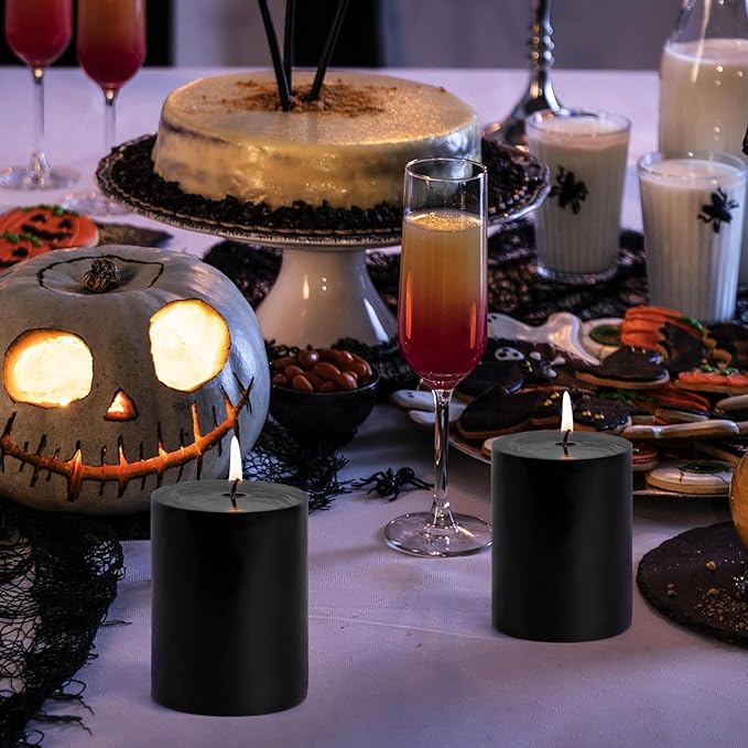 KONNI Black Pillar Candles Set of 3, 3"x 4" Unscented Pillar Candles Bulk, 39 Hours Long Burning Candles, Smokeless&Dripless Large Round Candle for Wedding, Home Decoration, Parties, Spas, Dinner