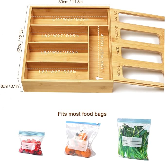 DUJEN Plastic Bag Organizer for Drawer, Bamboo Food Storage Bags Container Organizer with Slider, Baggie Bags Storage for Drawer Compatible with Gallon, Sandwich Variety Size Bags