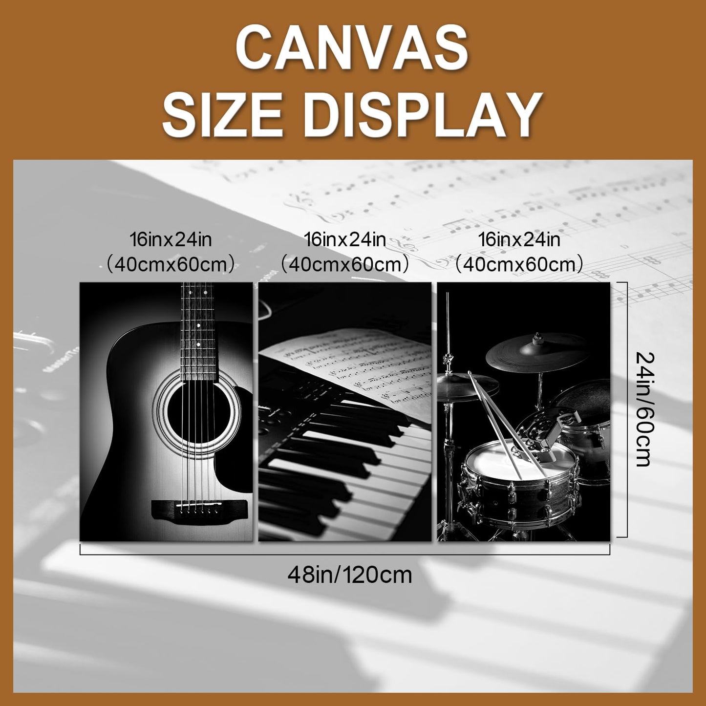 PoGoXiPoYo 3 Pieces Black and White Music Wall Art Canvas Prints Piano Guitar Drum Set Musical Instrument Pictures Rock Band Artwork Music Wall Decor for Studio Bedroom Home 16x24inchx3