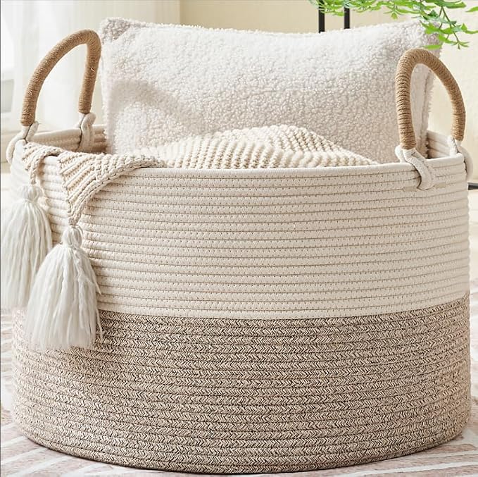 KAKAMAY Cotton Rope Storage Basket (20"x13"),Woven Hamper for Blankets,Toys,Pillows,Clothes,Laundry,Sturdy Handles Decorative Basket for Living Room, Bedroom,Nursery(Beige)