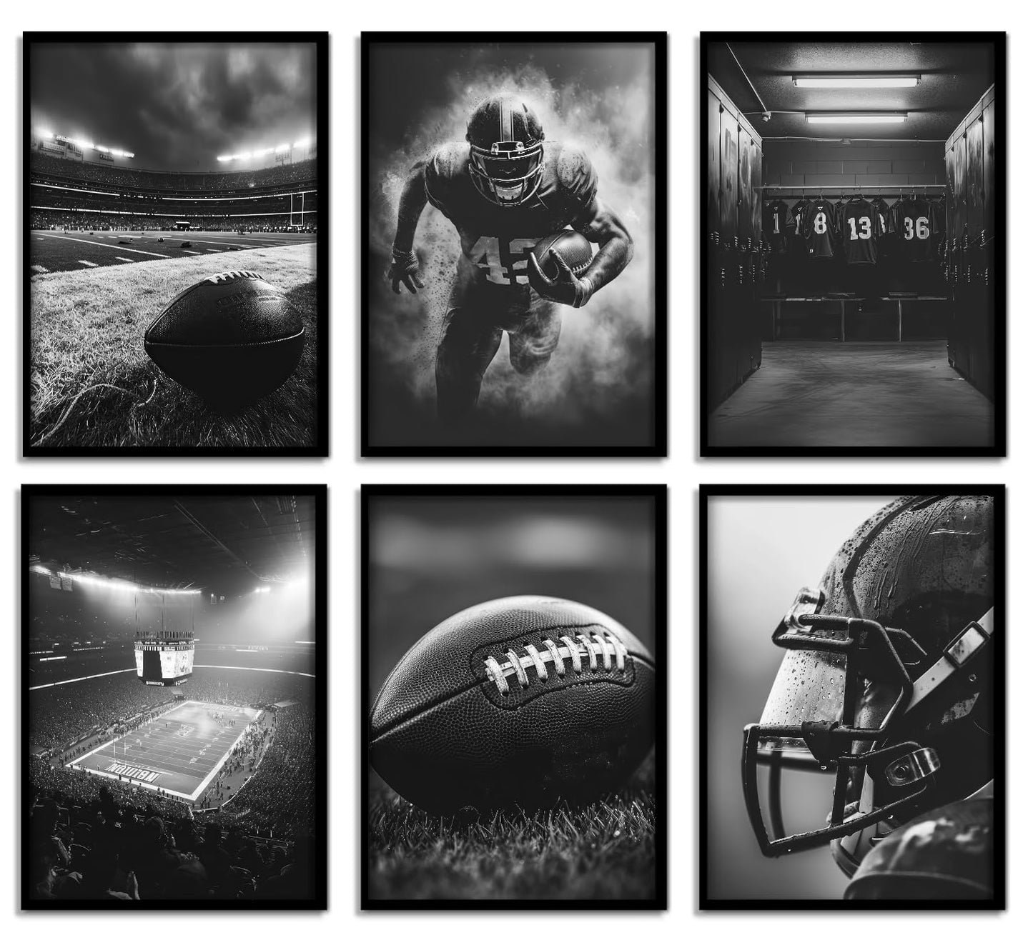 6Pcs Football Canvas Wall Art Rugby Field Stadium Sports Theme Picture Wall Decor Black White American Football Gaming Posters Painting Prints Artwork for Kids Boys Room Locker Room Dorm Living Room
