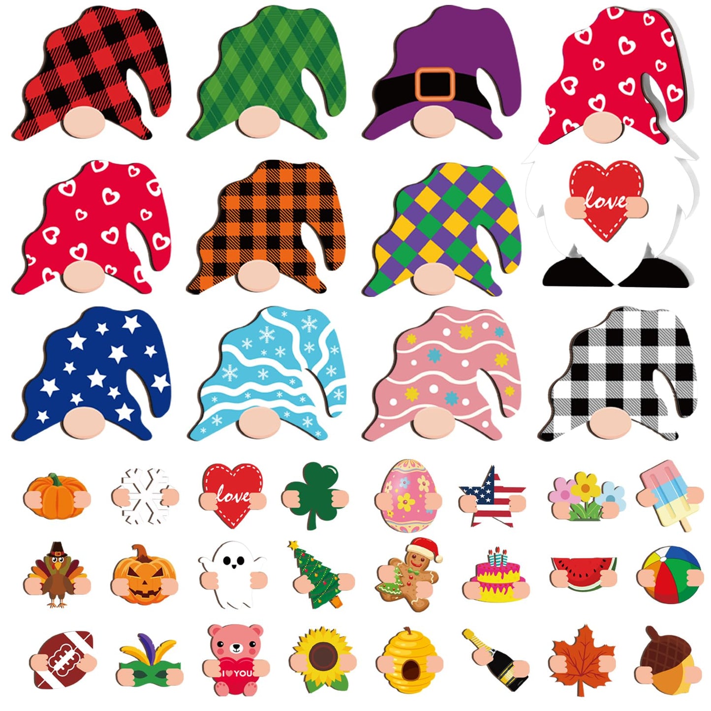 37 Pcs Interchangeable Wooden Decor DIY Holiday Seasonal Table Decoration with 24 Magnet and 12 Detachable Hats for Summer Home Graduation Gifts(Cute)