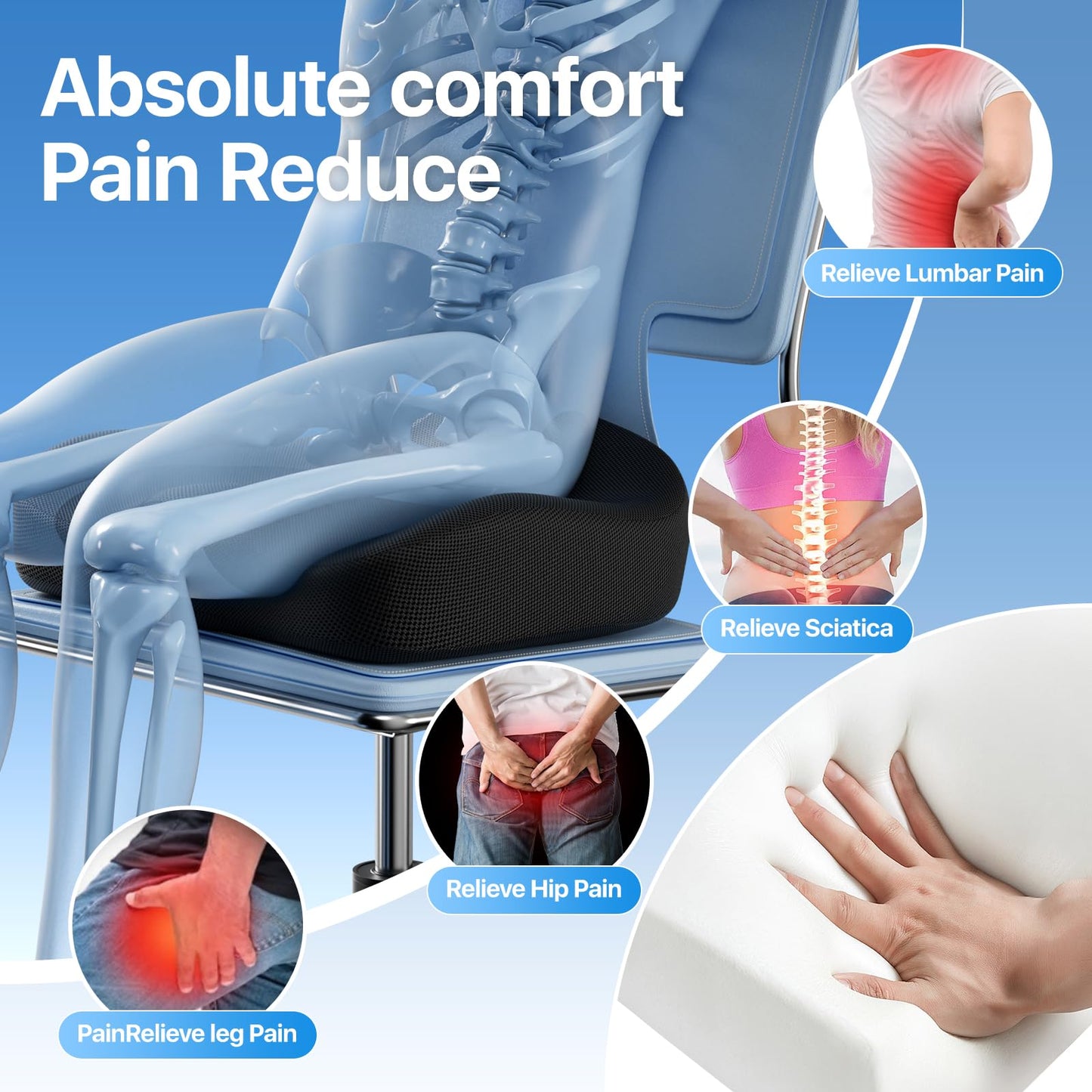 CJACSOC Seat Cushion, Extra Large Memory Foam Cushion for Office Chair Cushions, Ergonomic Cushions Pad Pillow for Pressure Relief Sciatica & Pain Relief for Long Sitting
