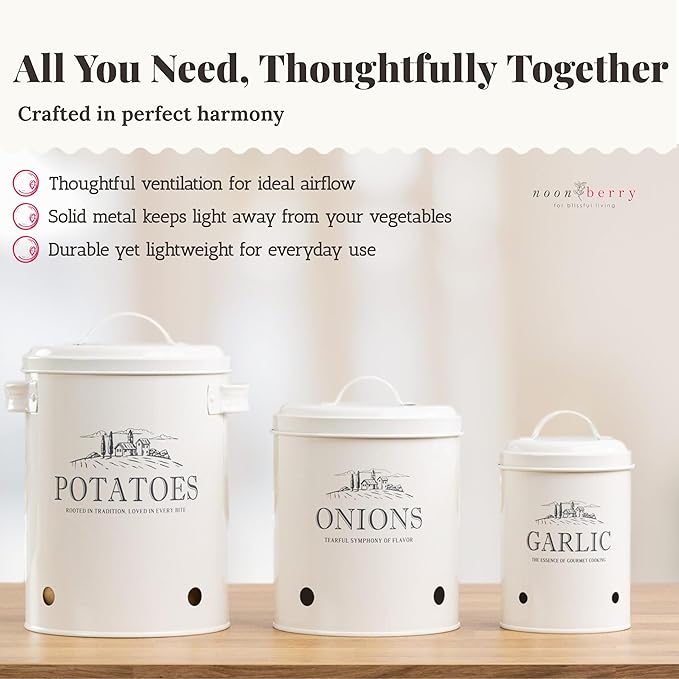 noonberry Potato and Onion Storage Bin Set - 3-Piece Ventilated Potato Storage Bin, Onion Storage Container and Garlic Container - Cream-White Magnolia Finish