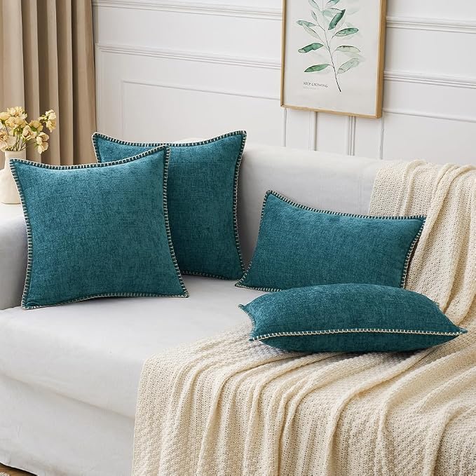MIULEE Pack of 2 Lumbar Throw Pillow Covers 12x20 Inch Dark Teal Farmhouse Decorative Pillow Covers with Stitched Edge Soft Chenille Solid Dyed Pillow Covers for Couch Sofa Bed Living Room