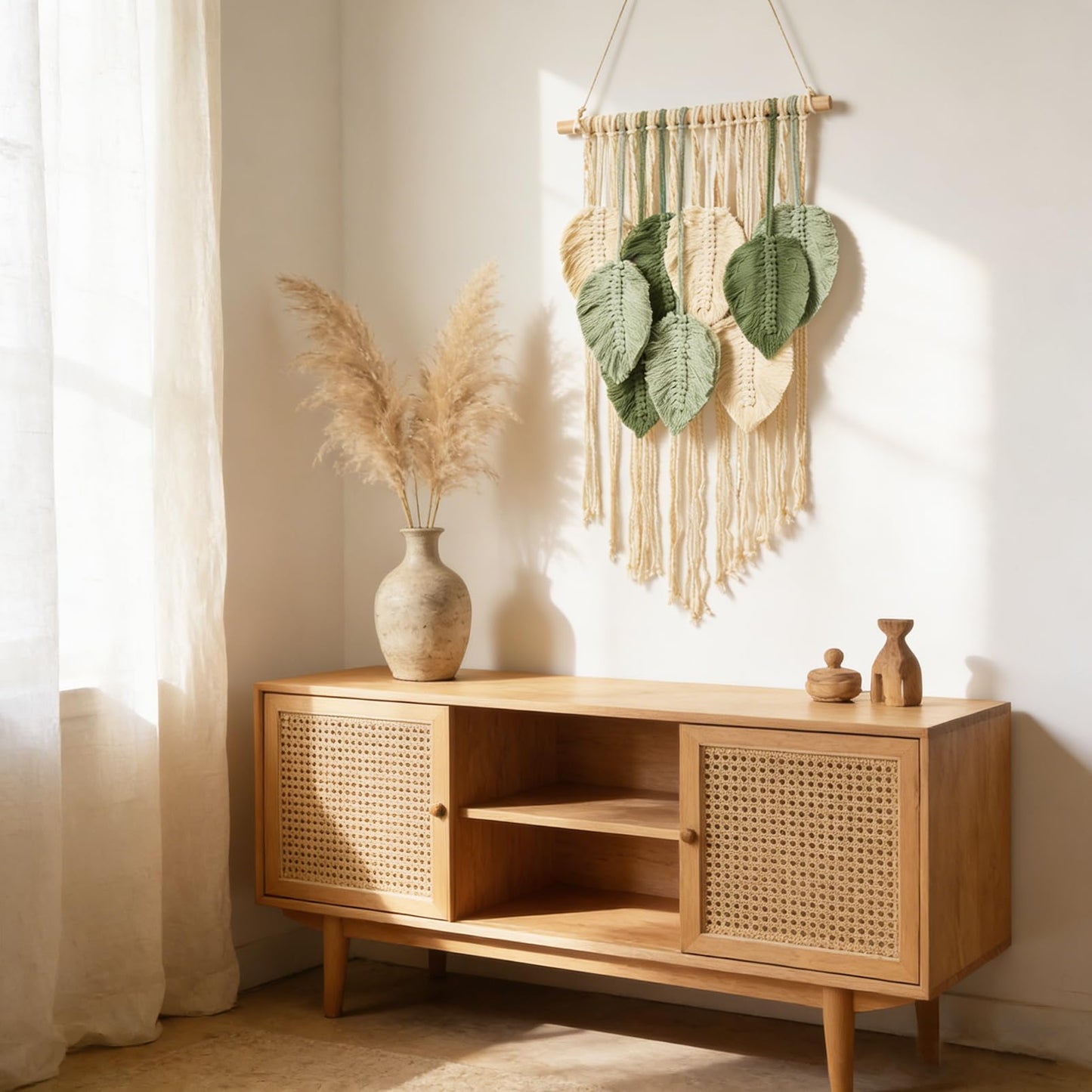 Macrame Wall Hanging Boho Wall Tapestry Handmade Woven Leaf Wall Decor Crochet Wall Art for Home Office Apartment (Green, 15.8" W X 31.5" L)