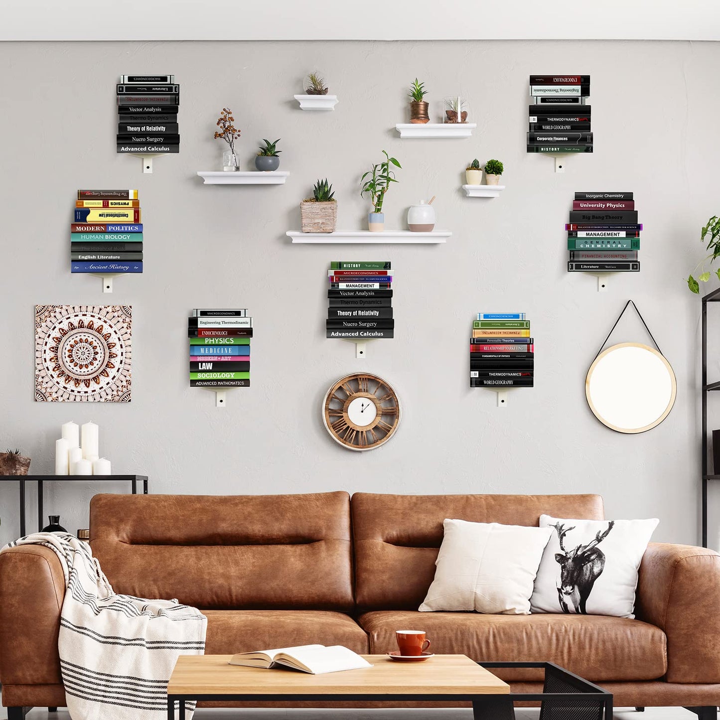 ART-GIFTREE Floating Book Shelves for Wall, 4 Tier Invisible Floating Bookshelf, Vertical Spine Book Tower, Wall Mounted & Space Saving, Heavy Duty Metal Book Organizer for Home Office, 2 Pack White