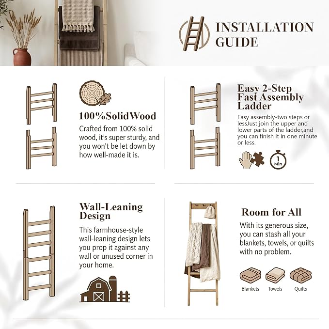 Wooden Blanket Ladder - Natural & Motley Wood - Leaning Wall Decor for Bedroom, Bathroom, Living Room - Rustic Quilt Holder & Towel Rack (Natural Wood Color + Hook, 76in（5-Tier）)