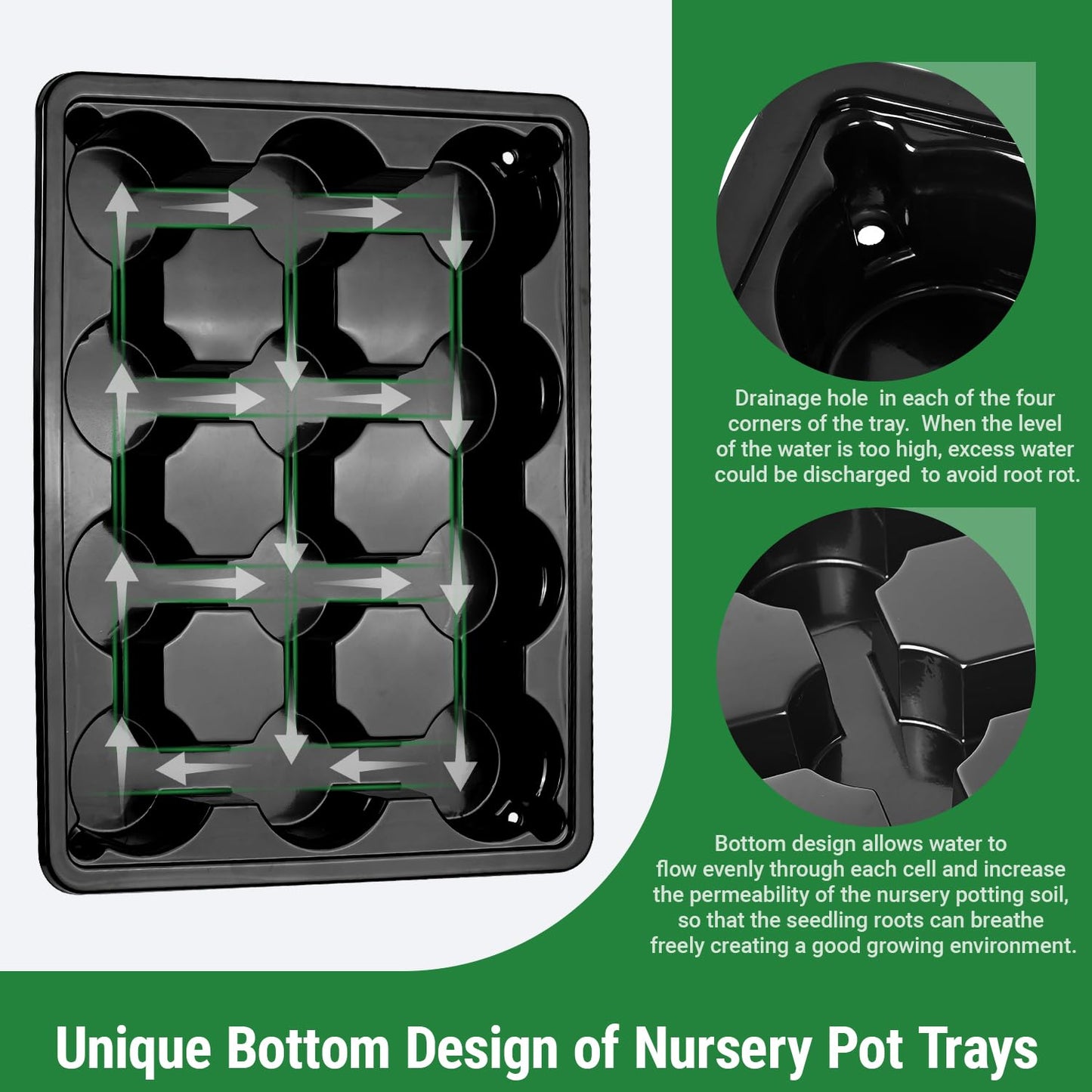 Sckee 12 Cell Round Nursery Pots Trays,Flower Pot Moving Tray, Nursery Pot Tray Plastic Planting Pot Carrying Trays for Moving Nursery Pot (17.2"×13.2"×2.5", 10PCS for 4'' Pots)
