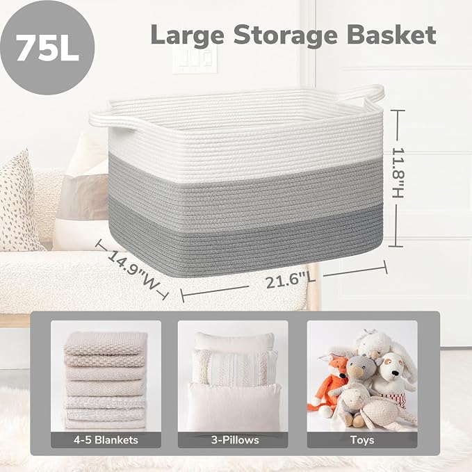 Goodpick Storage Basket, 21.6" x 14.9" x 11.8", Blanket Basket for Living Room, Large Woven Baskets for Storage, Toy Organizer, Rectangle Rope Baskets for Organizing, Gray